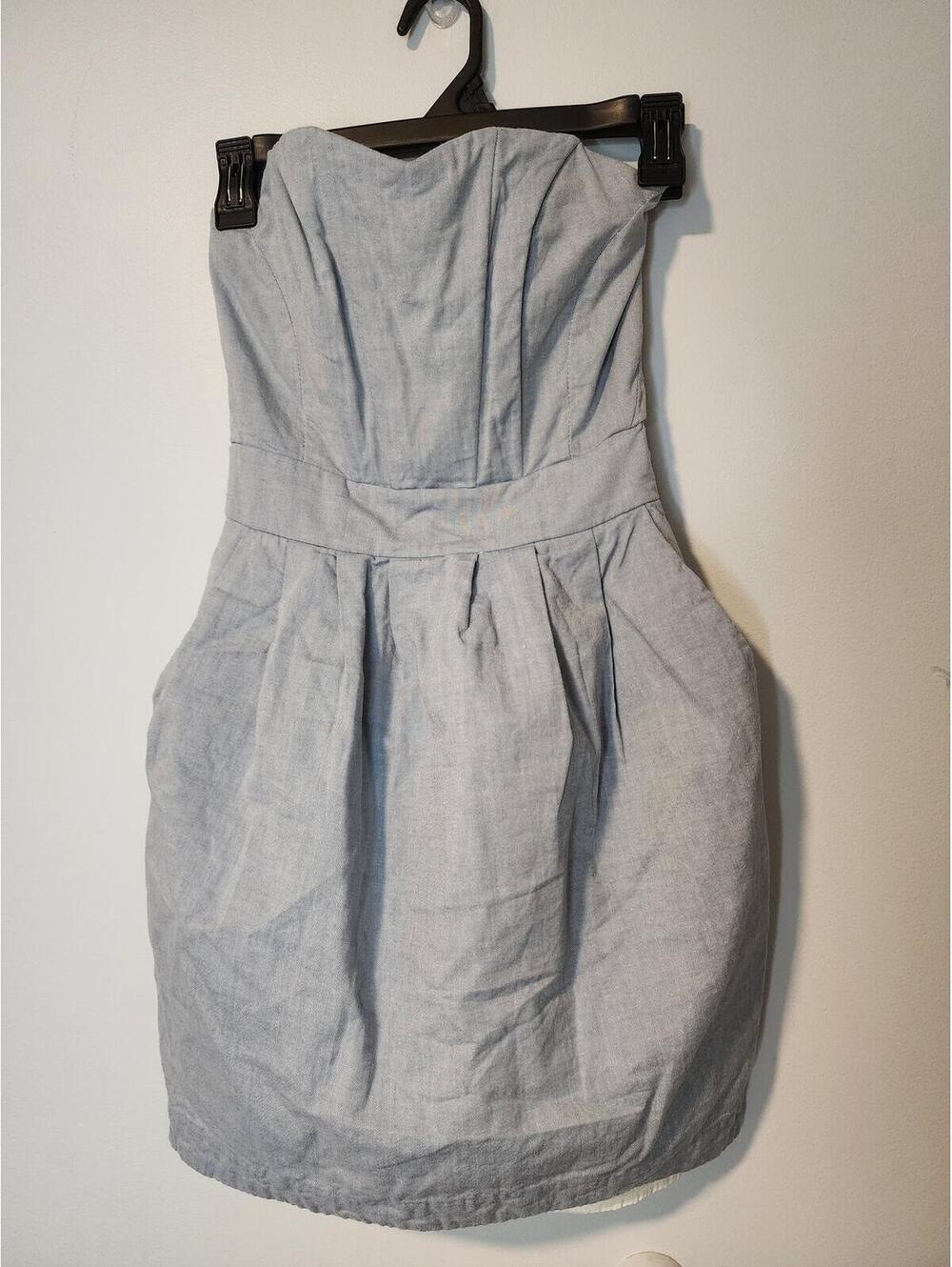 H&M Light Blue Strapless Pleated Mini Dress boned top with Pockets US 4